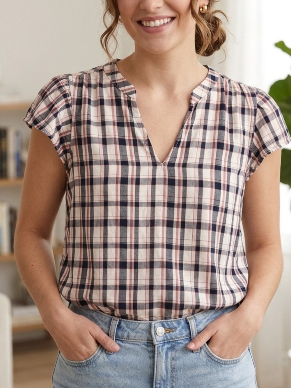 LOFT Plaid V-Neck Short Sleeve Top - White, Navy & Red
